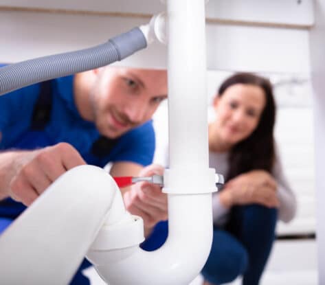 male plumber fixing sink pipe
