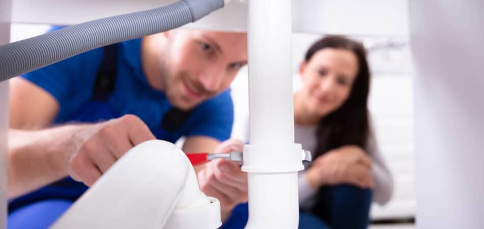 male plumber fixing sink pipe